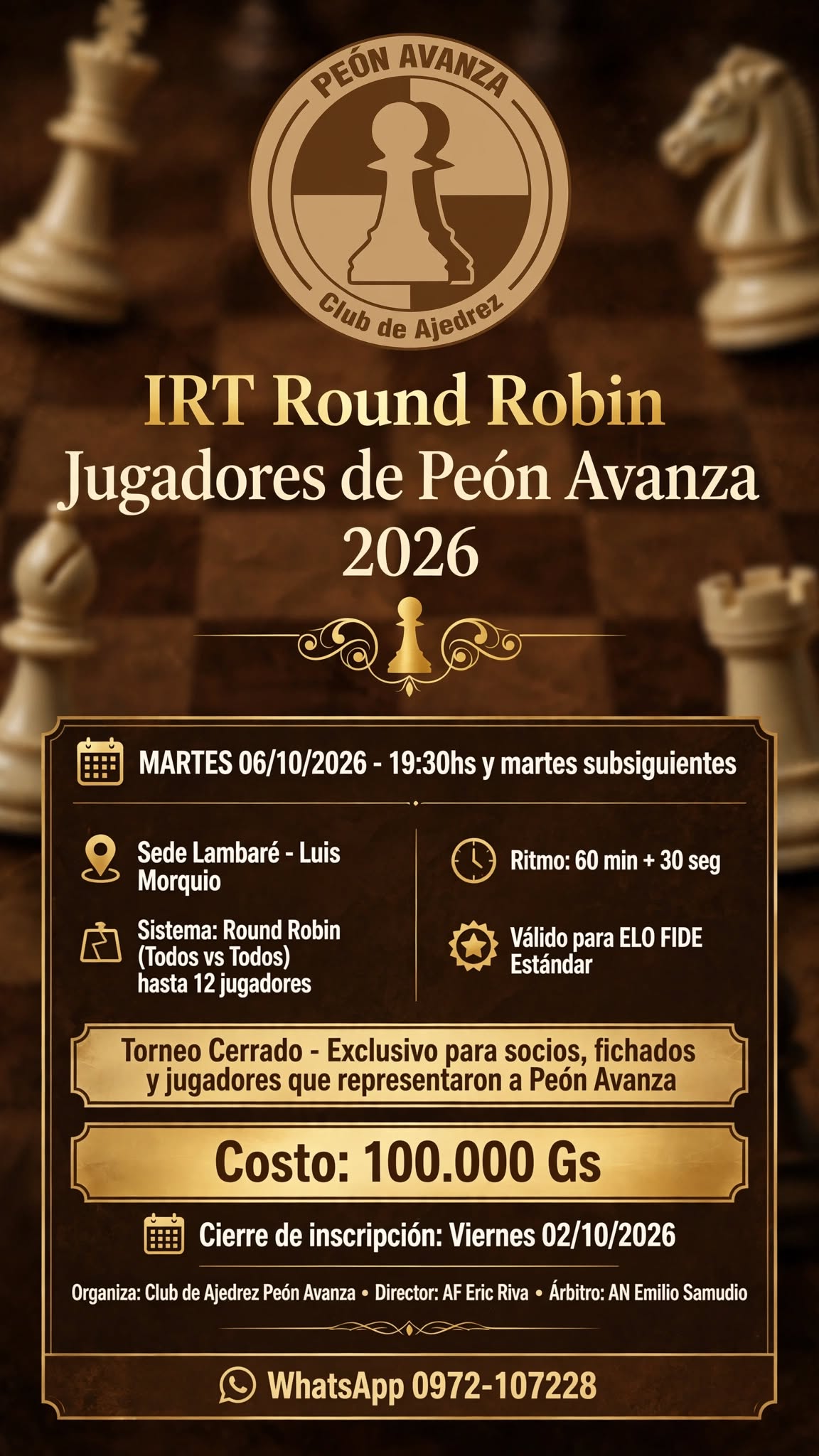 Flyer del IRT Round Robin Jugadores de Peón Avanza 2026 del martes